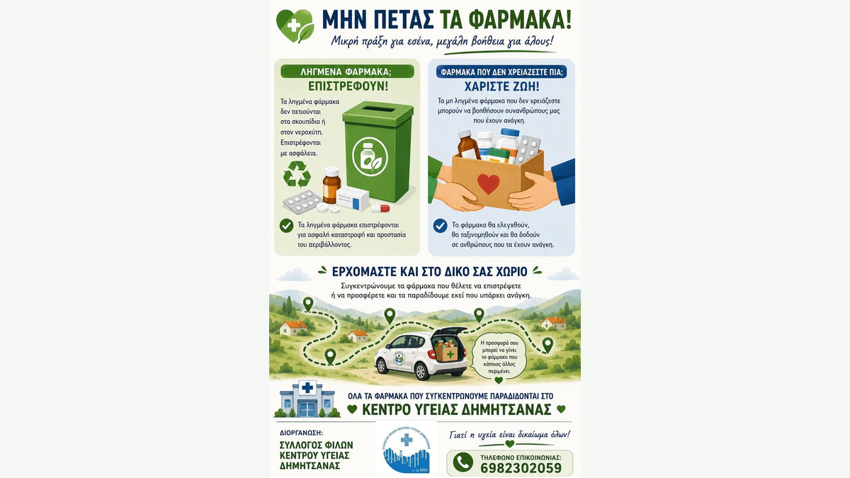 Poster for the medicines return and donation initiative in Dimitsana